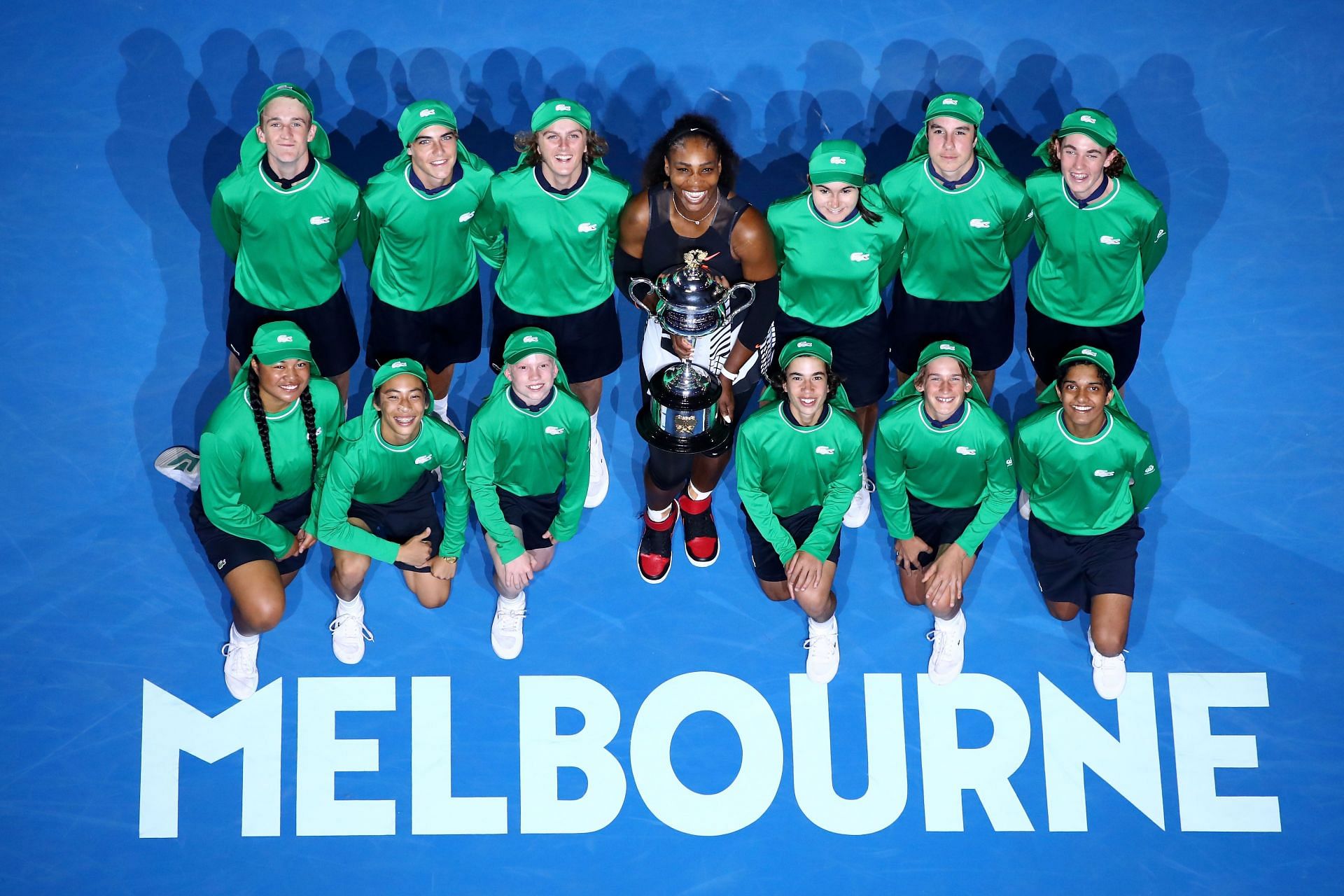Serena Williams with ballkids after winning the 2017 Australian Open