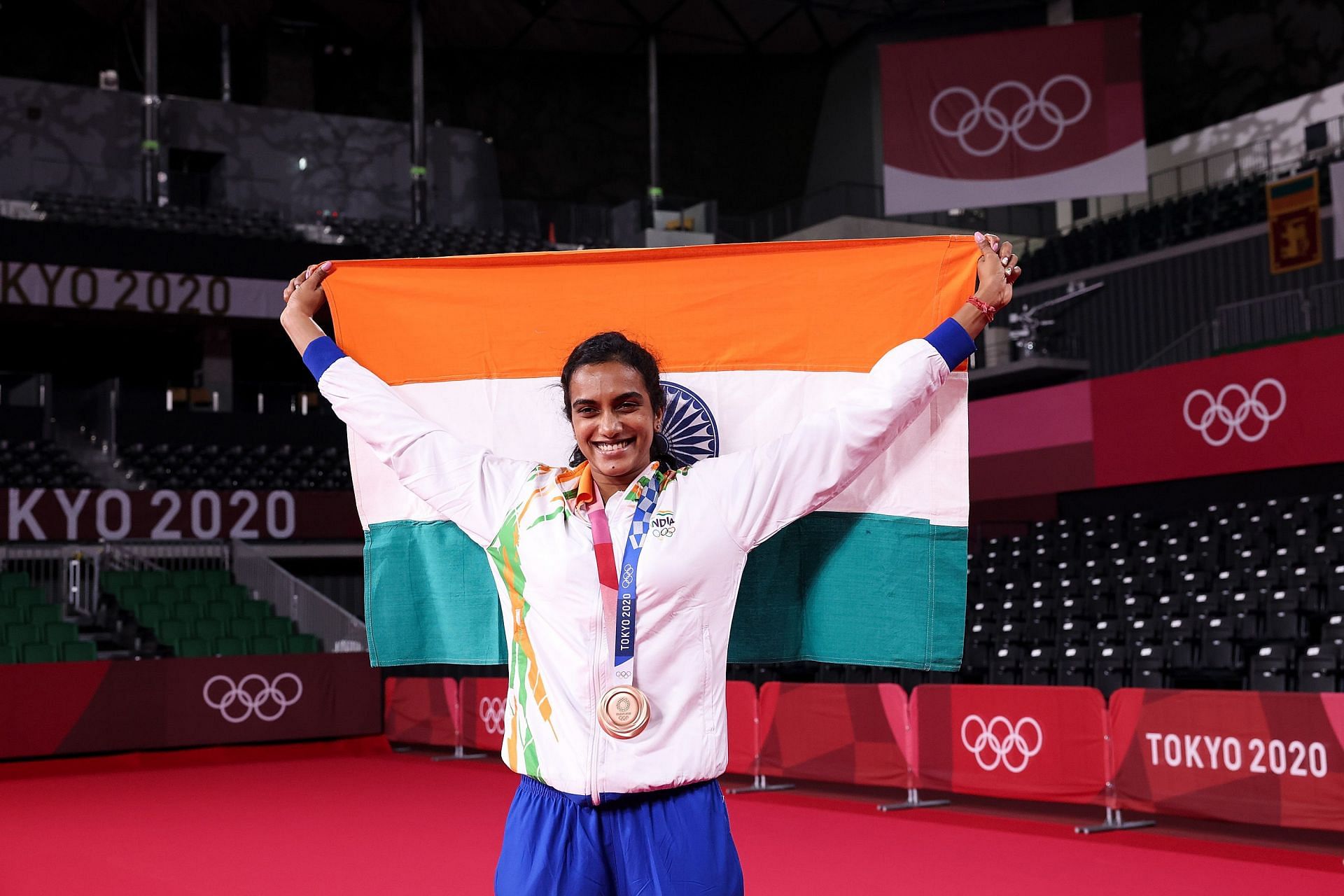 PV Sindhu celebrates her bronze medal win at the Tokyo Olympics