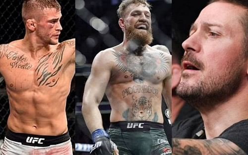 Dustin Poirier (left) Conor McGregor (center) and John Kavanagh (right)