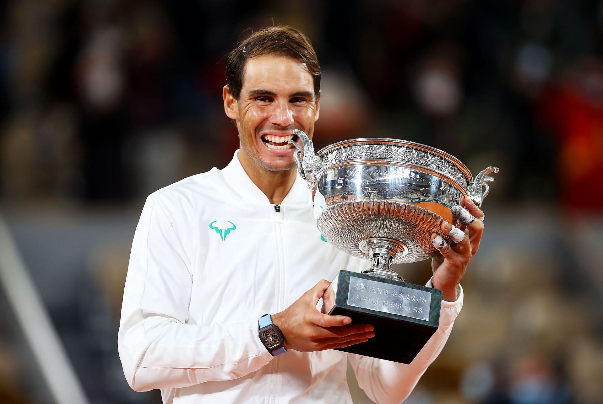 Rafael Nadal with the 2020 French Open trophy