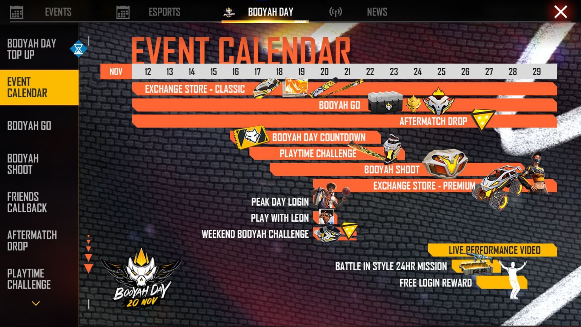 This is the calendar of the ongoing Booyah Day events in Free Fire (Image via Free Fire)