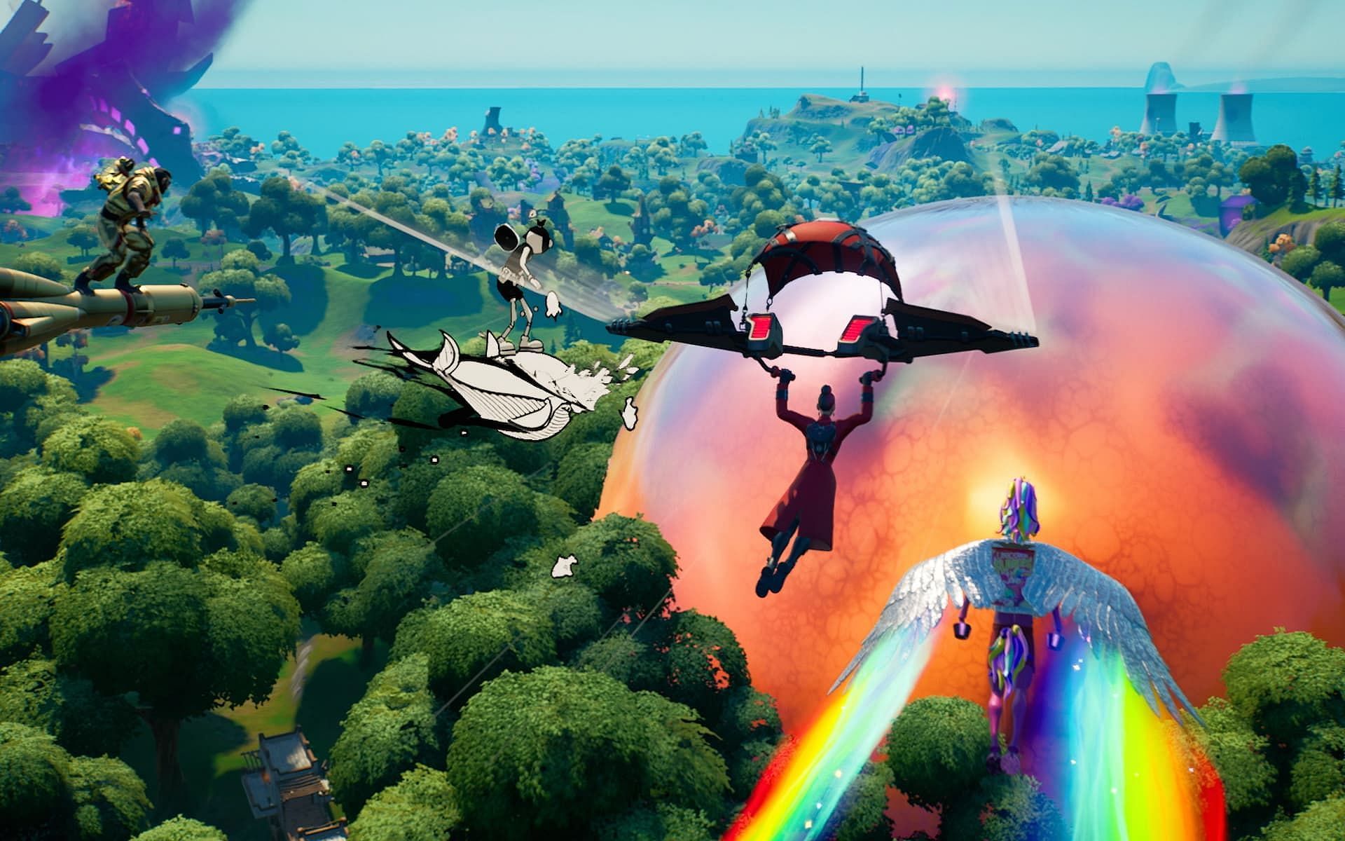 Players descending to the Fortnite island. (Image via Epic Games)