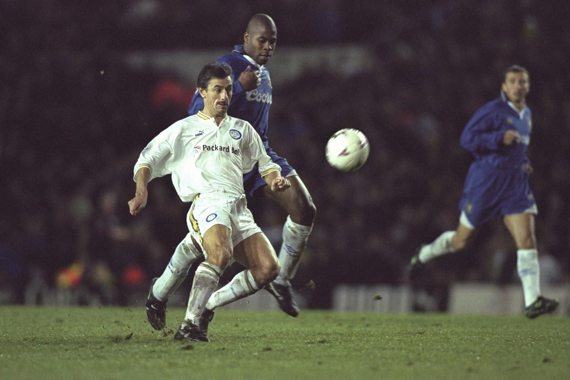 Ian Rush of Leeds (left) gets to the ball ahead of Mike Duberry of Chelsea