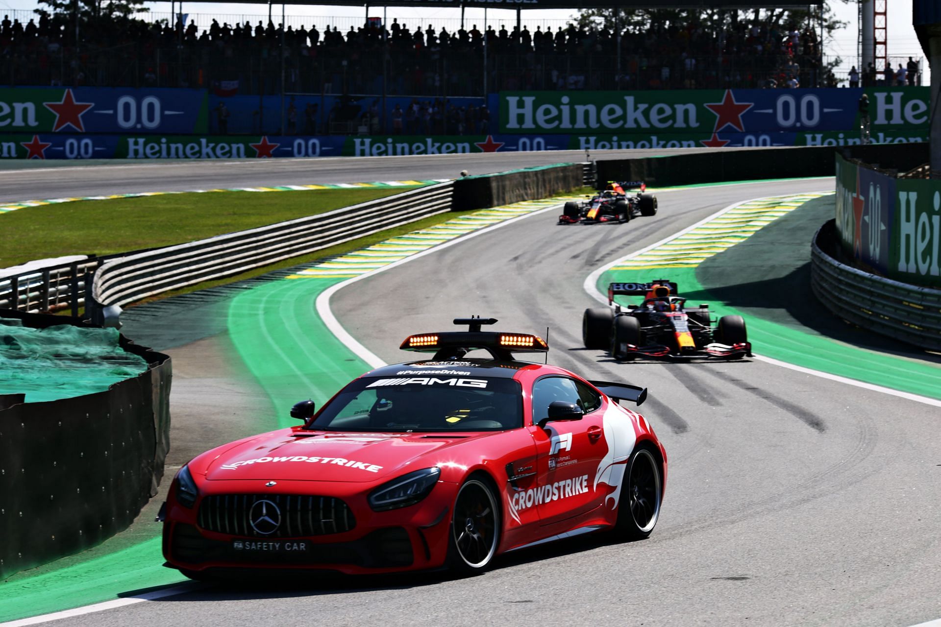 The FIA Safety Car leads the field through the pitlane during the F1 Grand Prix of Brazil at the Autodromo Jose Carlos Pace circuit. (Photo by Peter Fox/Getty Images)
