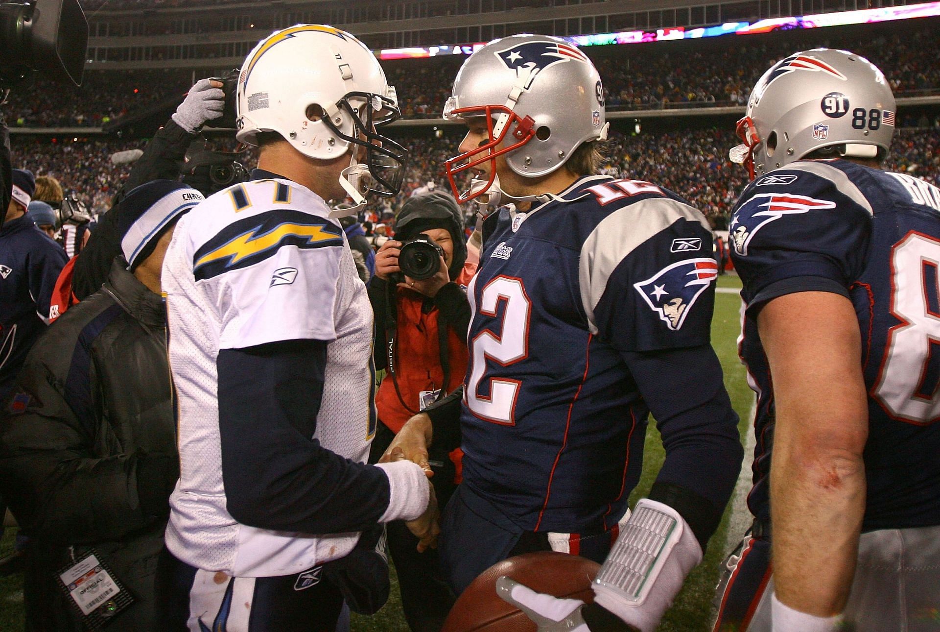Brady and Rivers meet after the 2008 AFC title game (Photo: Getty)