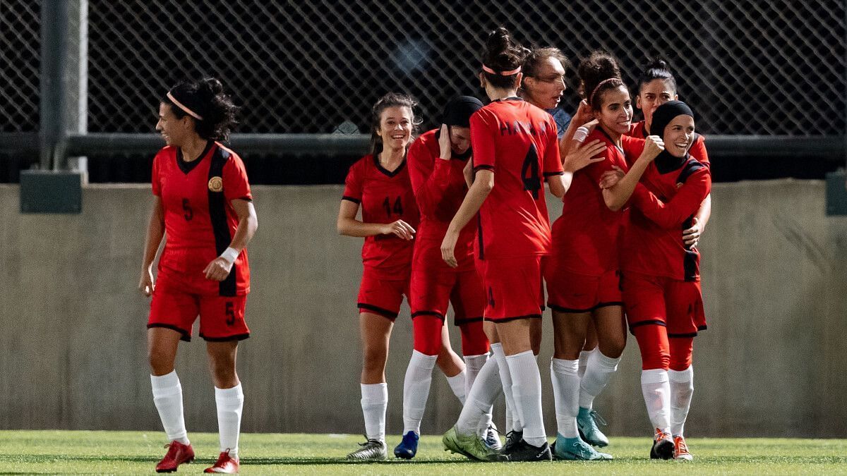 Amman Club celebrate after scoring against Gokulam Kerala FC in the AFC Women&#039;s Club Championship 2021.