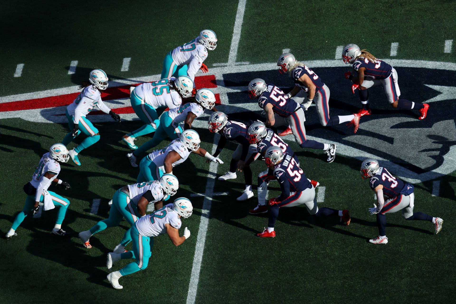 The Dolphins and Patriots during the famous 2019 showdown