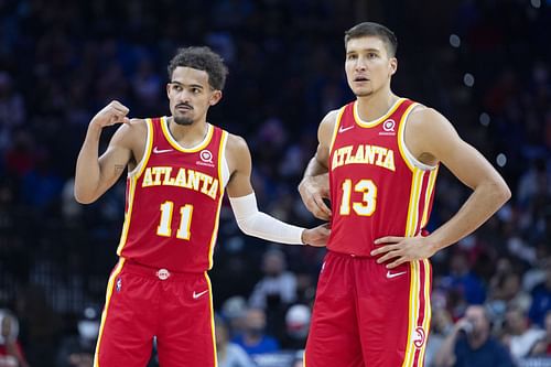 Trae Young (#11) and Bogdan Bogdanovic (#13) of the Atlanta Hawks v Philadelphia 76ers