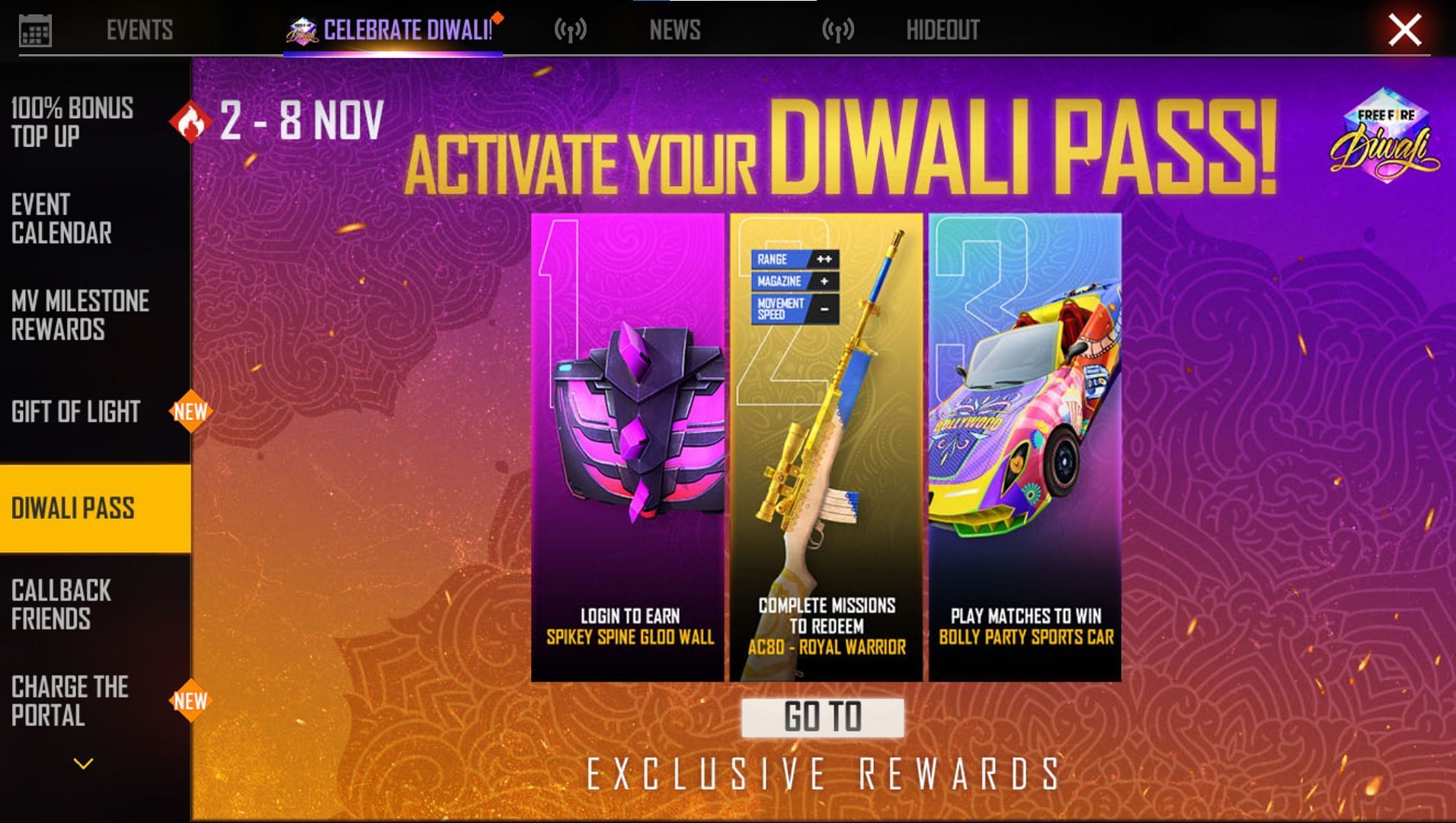 Tap on the &ldquo;Go To&rdquo; option to get the rewards (Image via Free Fire)
