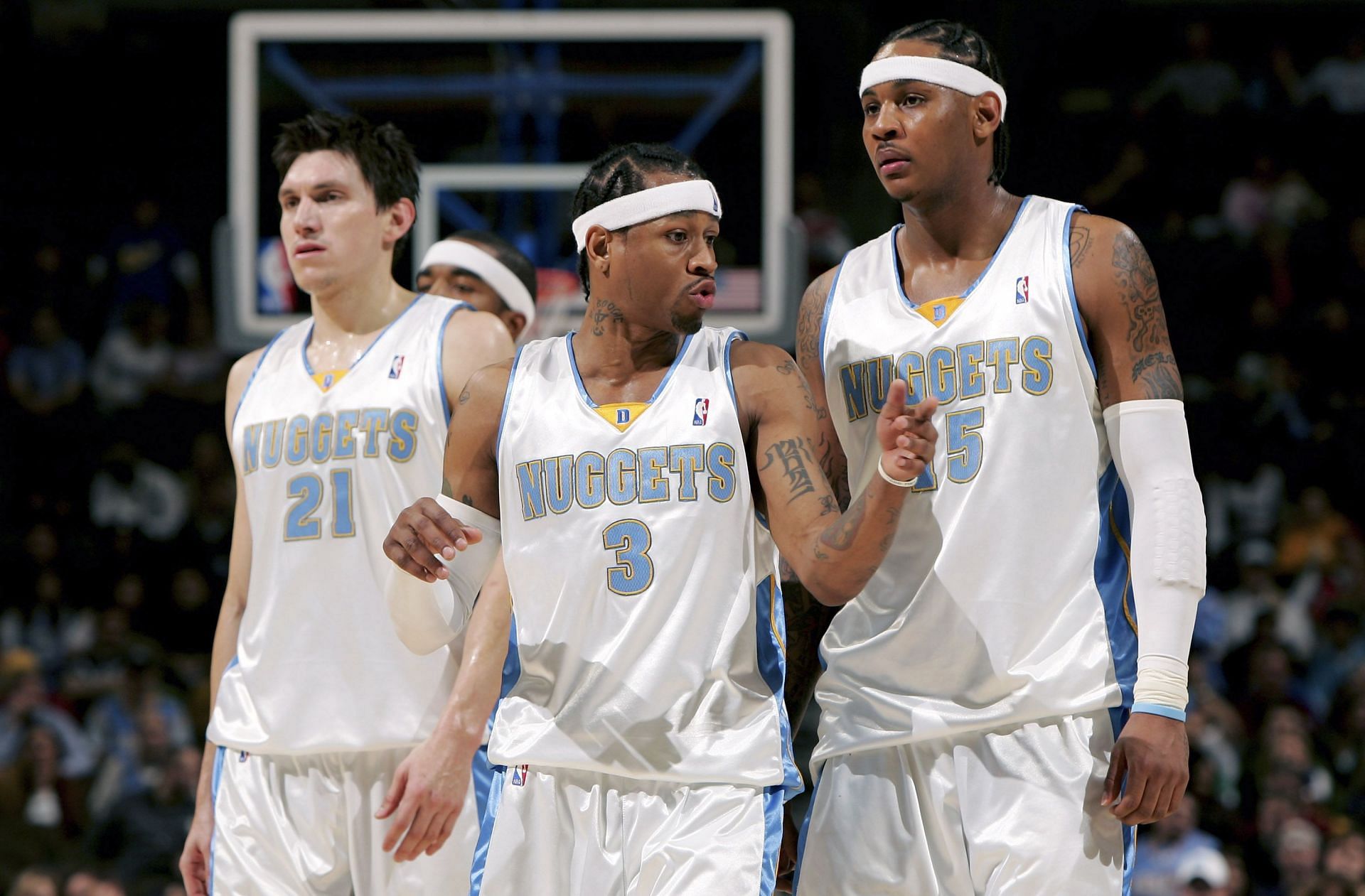 Carmelo Anthony (#15) of the Denver Nuggets after returning from a time out