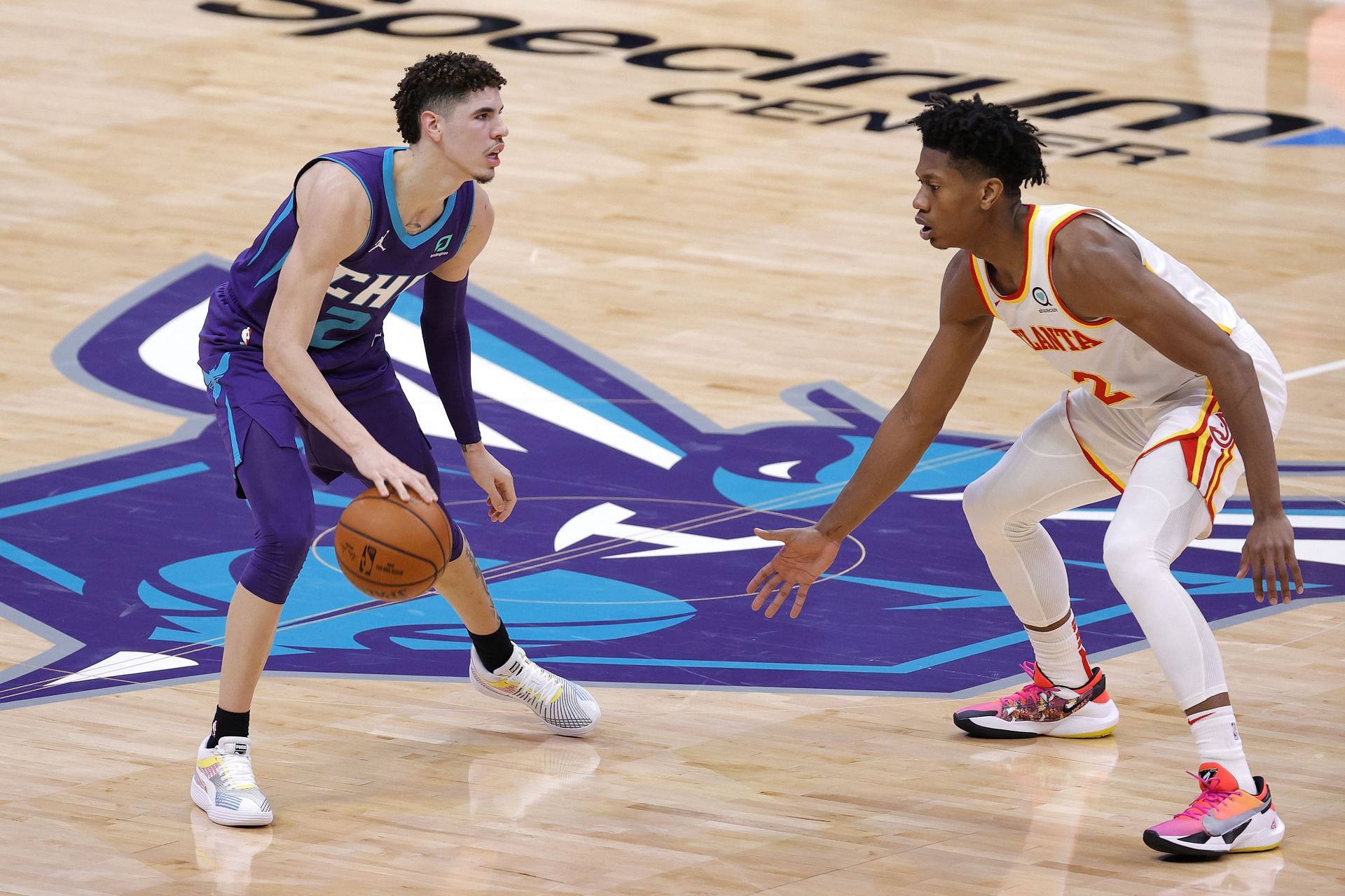 LaMelo Ball of the Charlotte Hornets in action against the Atlanta Hawks
