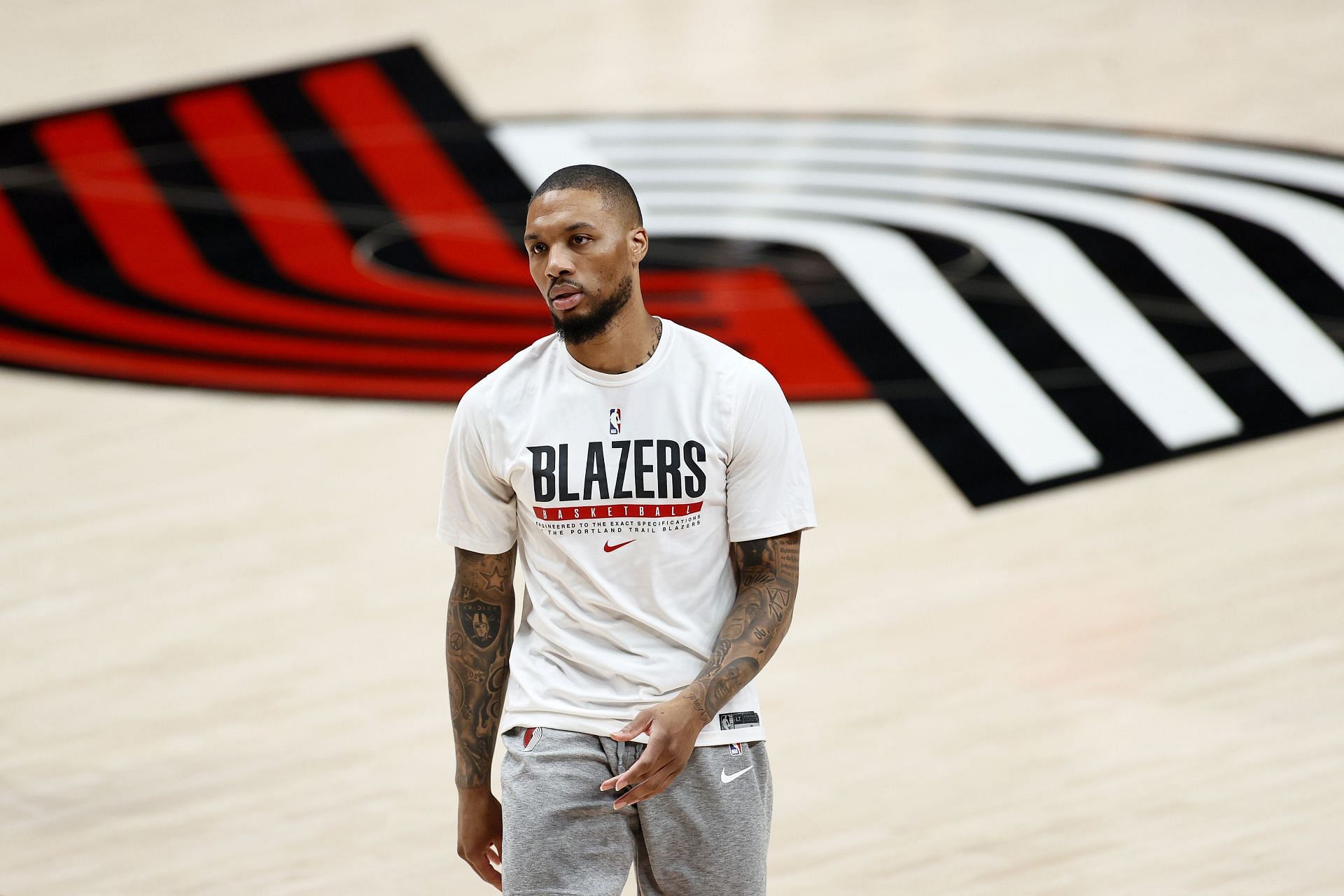 Damian Lillard #0 of the Portland Trail Blazers warms up