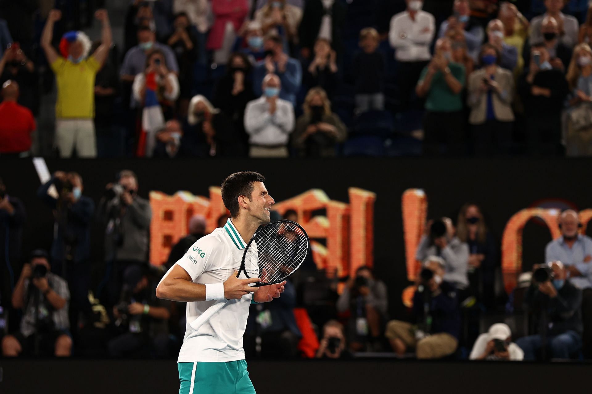 Novak Djokovic celebrates after beating Daniil Medvedev in the 2021 Australian Open final