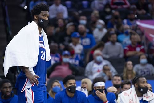 Joel Embiid in action during Atlanta Hawks v Philadelphia 76ers