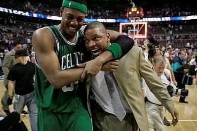 Mission accomplished: Doc Rivers and Paul Pierce celebrate a trip to the NBA Finals