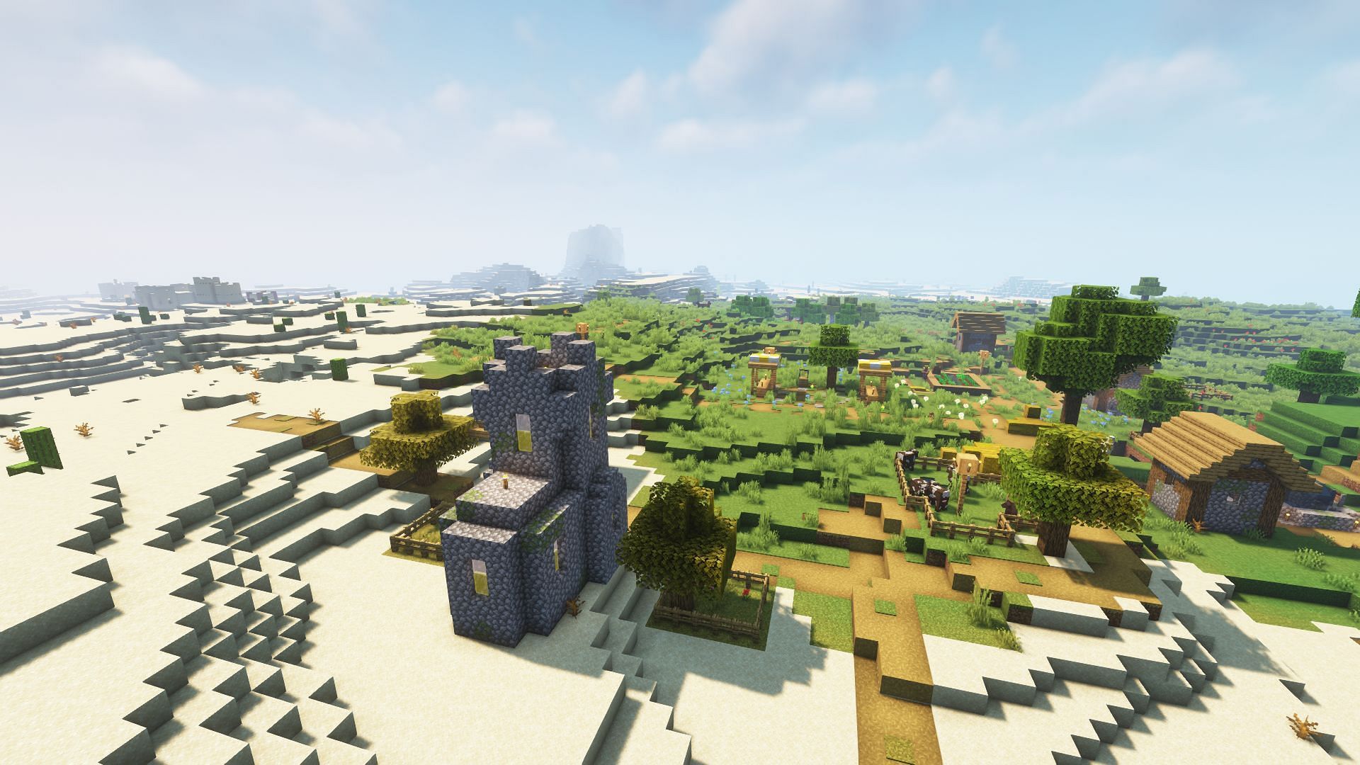 A plains biome village next to a desert biome (Image via Minecraft)