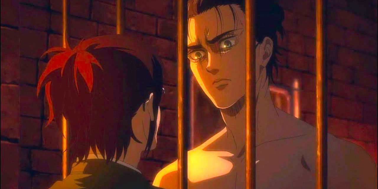 Eren prepares to grab Hange through the bars of his cell (Image via MAPPA Studio)