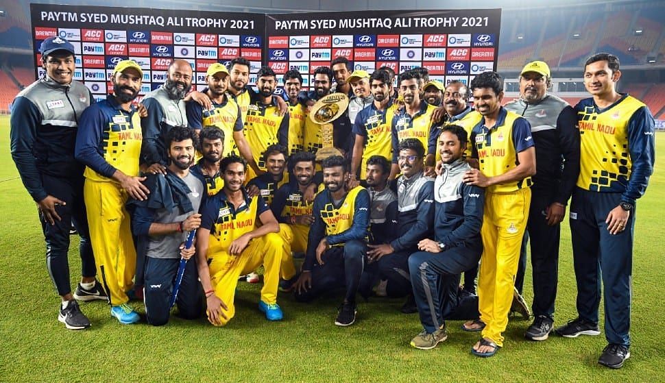 The victorious Tamil Nadu team led by Dinesh Karthik after they clinched the 2020-21 Syed Mushtaq Ali Trophy (Picture Credits: BCCI)