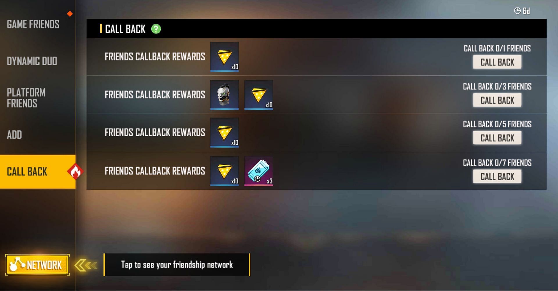 All the rewards in the Friends Callback event (Image via Free Fire)