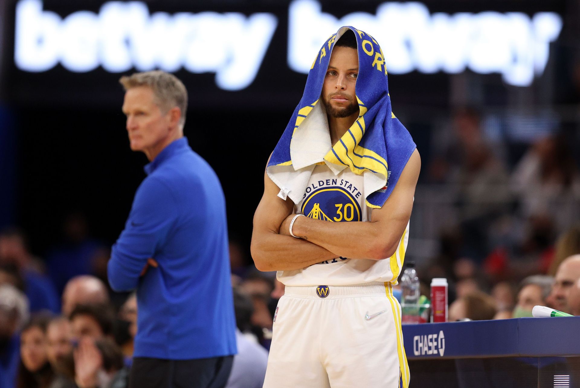 Head coach Steve Kerr (left) and Stephen Curry of the Golden State Warriors