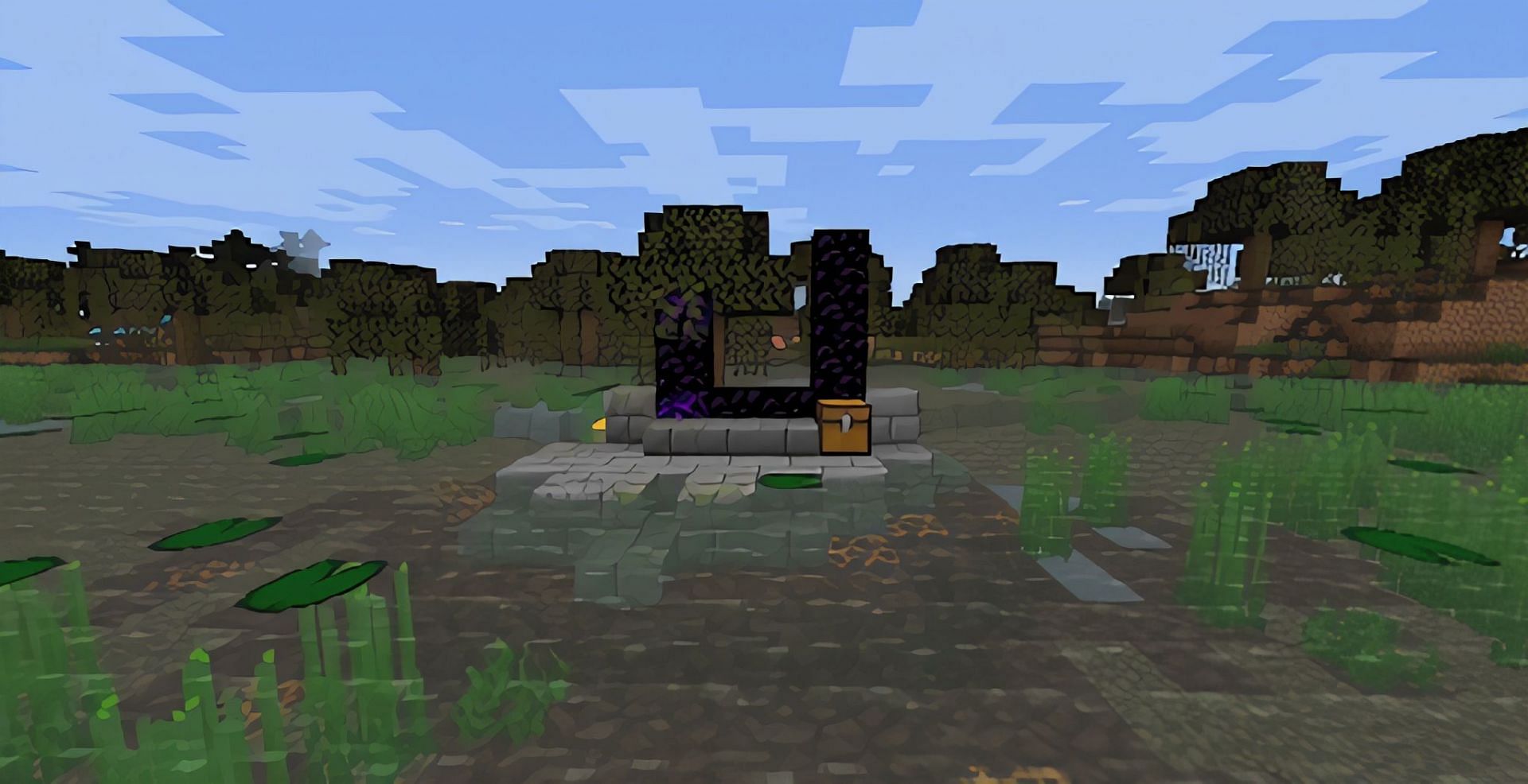 A Ruined portal in a swamp biome (Image via Minecraft)