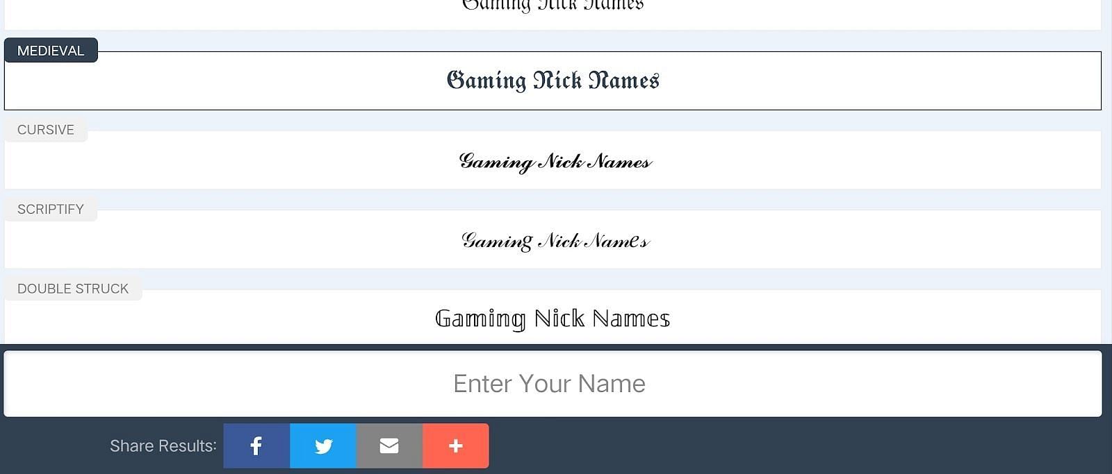 Choose the desired font (Image via https://www.gamingnicknames.com/)