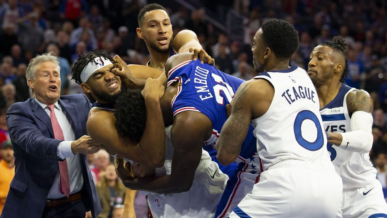 The Philadelphia 76ers and Minnesota Timberwolves have had some testy encounters the last few times they met. [Photo: ESPN]