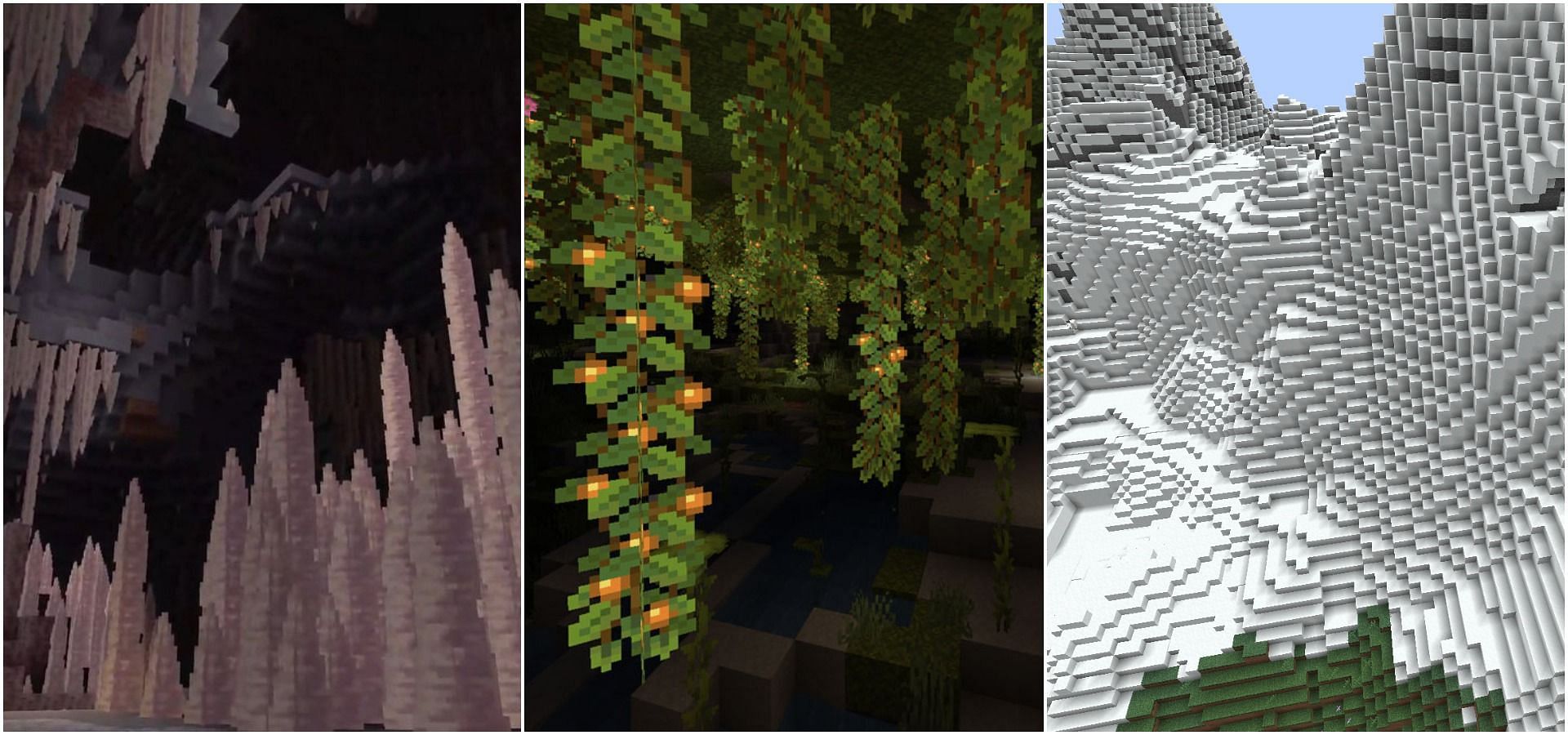Dripstone Caves, Lush Caves, Snowy Slopes (Image via Minecraft)