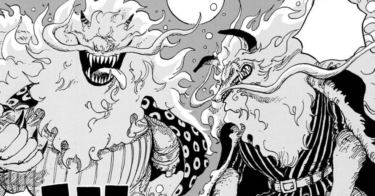 Dogstorm and Cat Viper in their Sulong forms, as seen in the One Piece manga. (Image via Shueisha)