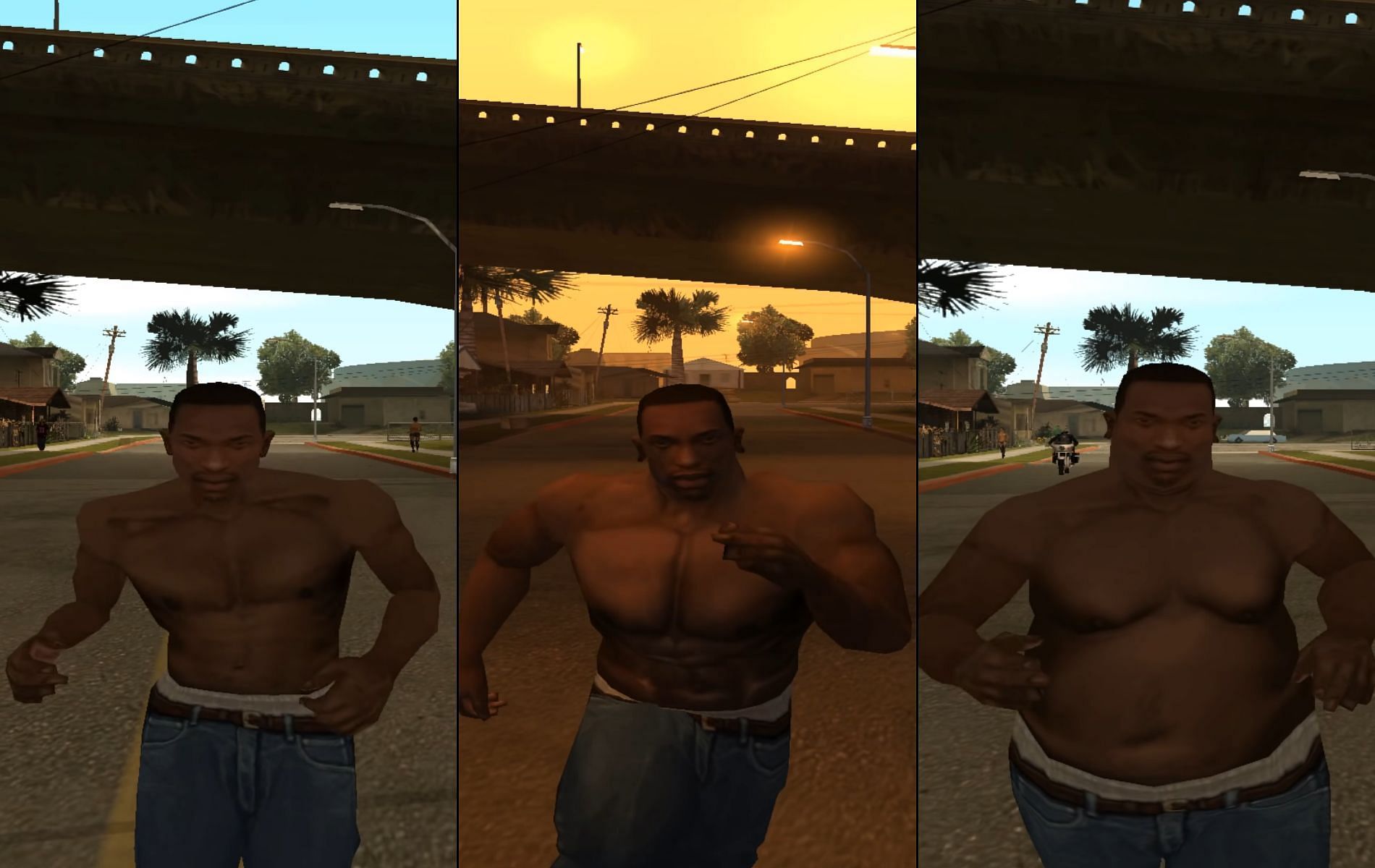 One example was how CJ had different running animations depending on how skinny, muscular, or fat he was (Image via Rockstar Games)