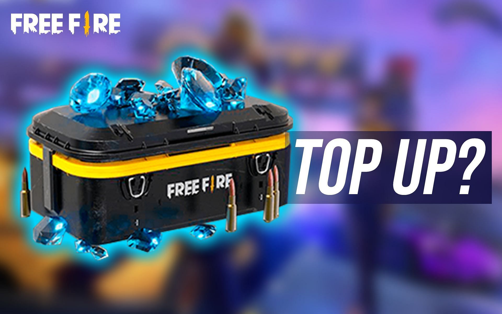  A blue and yellow container with the words 'Free Fire' on it is shown with blue diamonds scattered around it and the text 'Top Up?' next to it.