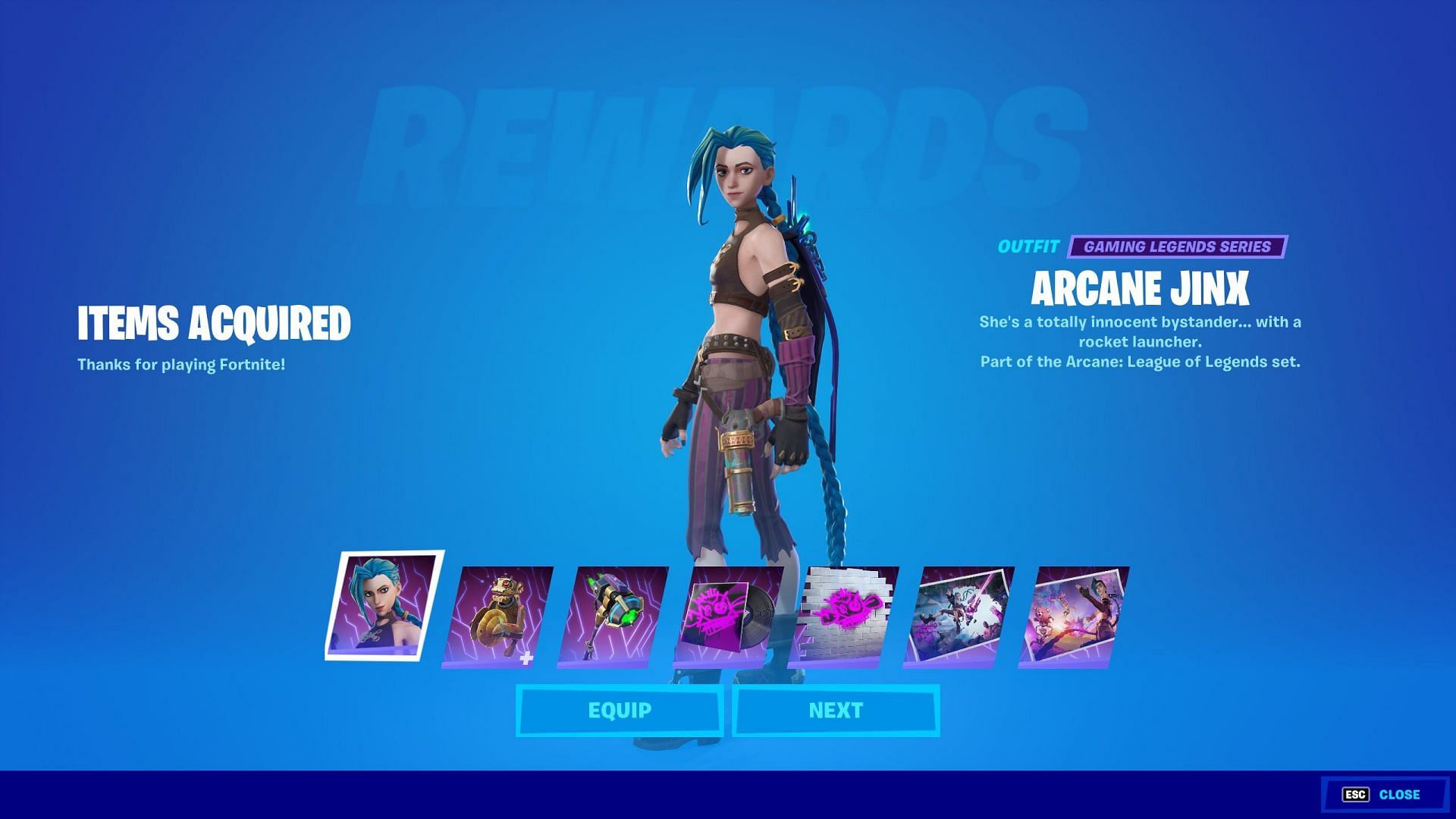 Players can use a code for the Arcane Jinx set in Fortnite (Image via Epic Games)