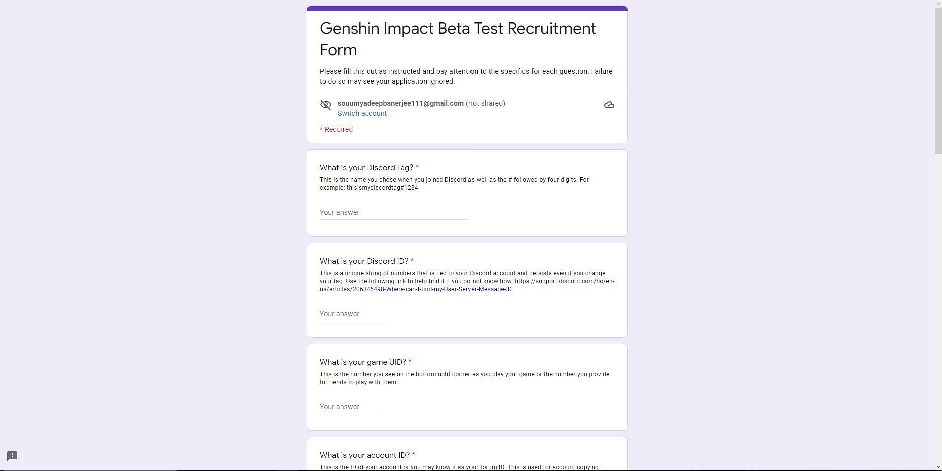 The Genshin Impact beta 2.4 application form (Image via GoogleDocs)