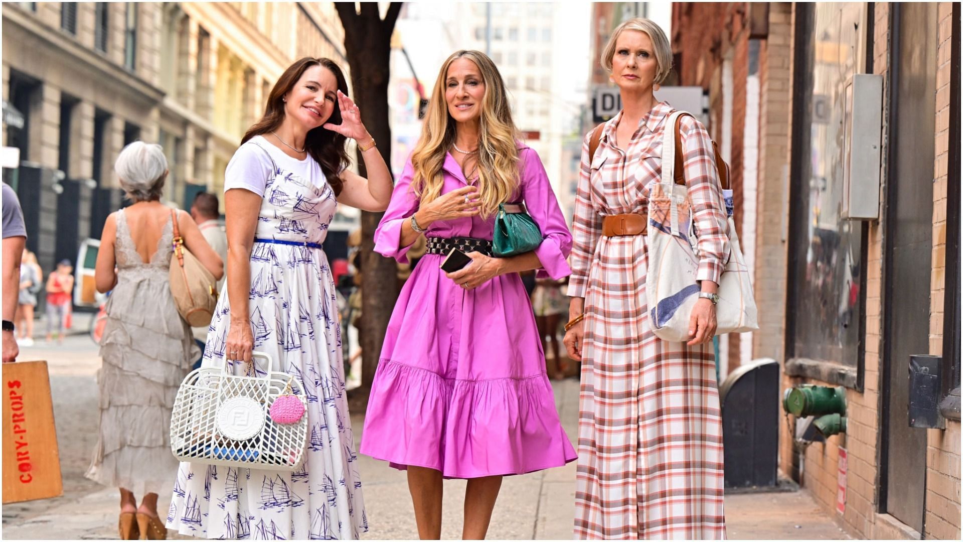 Kristin Davis, Sarah Jessica Parker, and Cynthia Nixon are seen on the set of &#039;And Just Like That...&#039; the follow-up series to &#039;Sex and the City&#039; in SoHo on July 20, 2021, in New York City (Image via Getty Images)
