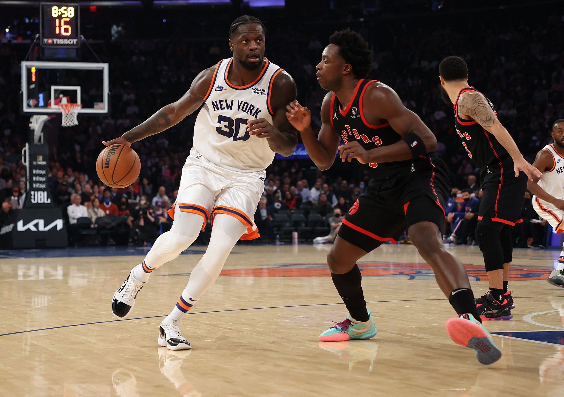 New York Knicks star power forward Julius Randle with the ball during a game