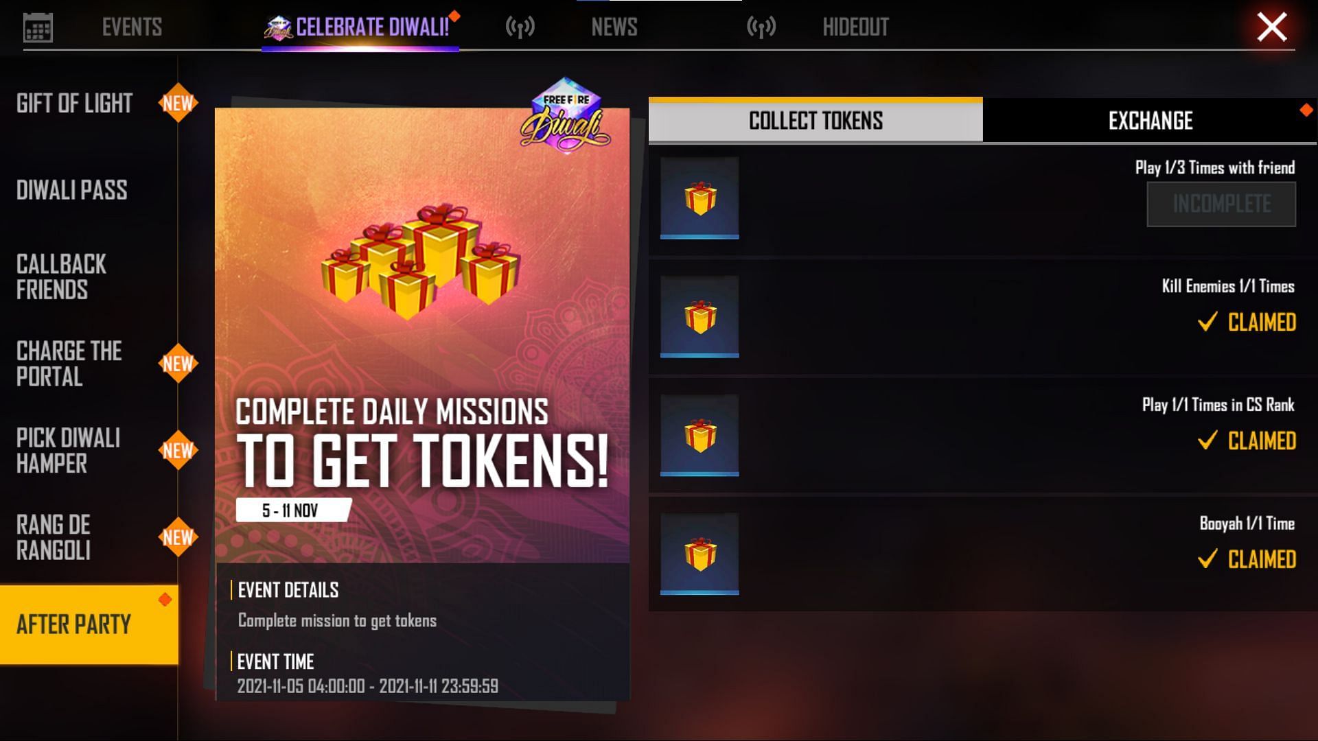 List of missions that players have to complete to win tokens (Image via Free Fire)