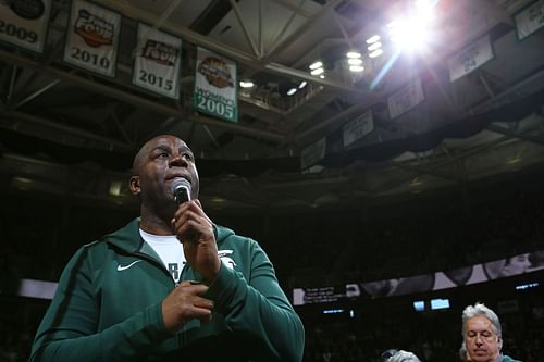 NBA legend and former Michigan State star Earvin "Magic" Johnson speaks to the crowd during halftime of the game between the Michigan State Spartans and the Minnesota Golden Gophers at Breslin Center on February 9, 2019 in East Lansing, Michigan.