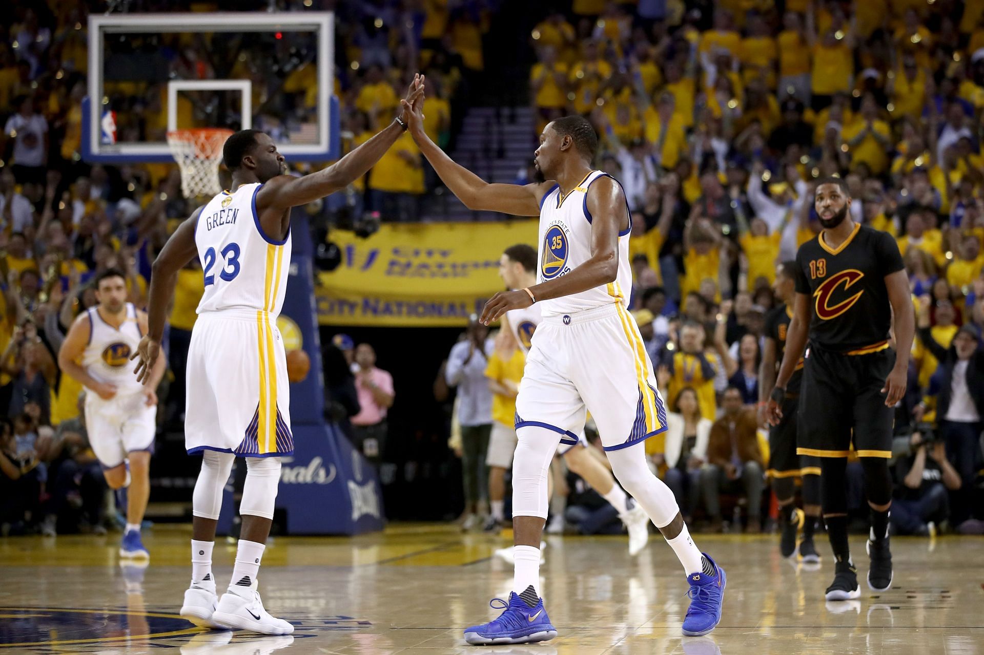 Kevin Durant (right) with Draymond Green (left) during the 2017 NBA Finals - Game Two