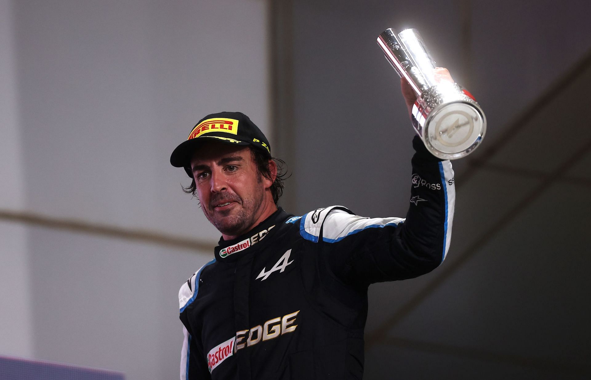 Third-placed Fernando Alonso celebrates on the 2021 Qatar GP podium.