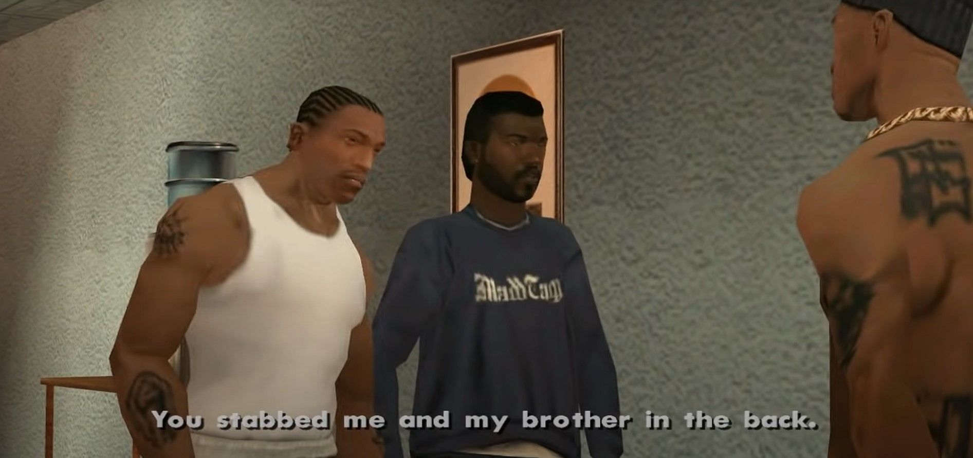 CJ claims that OG Loc stabbed him and Sweet in the back (Image via Rockstar Games)