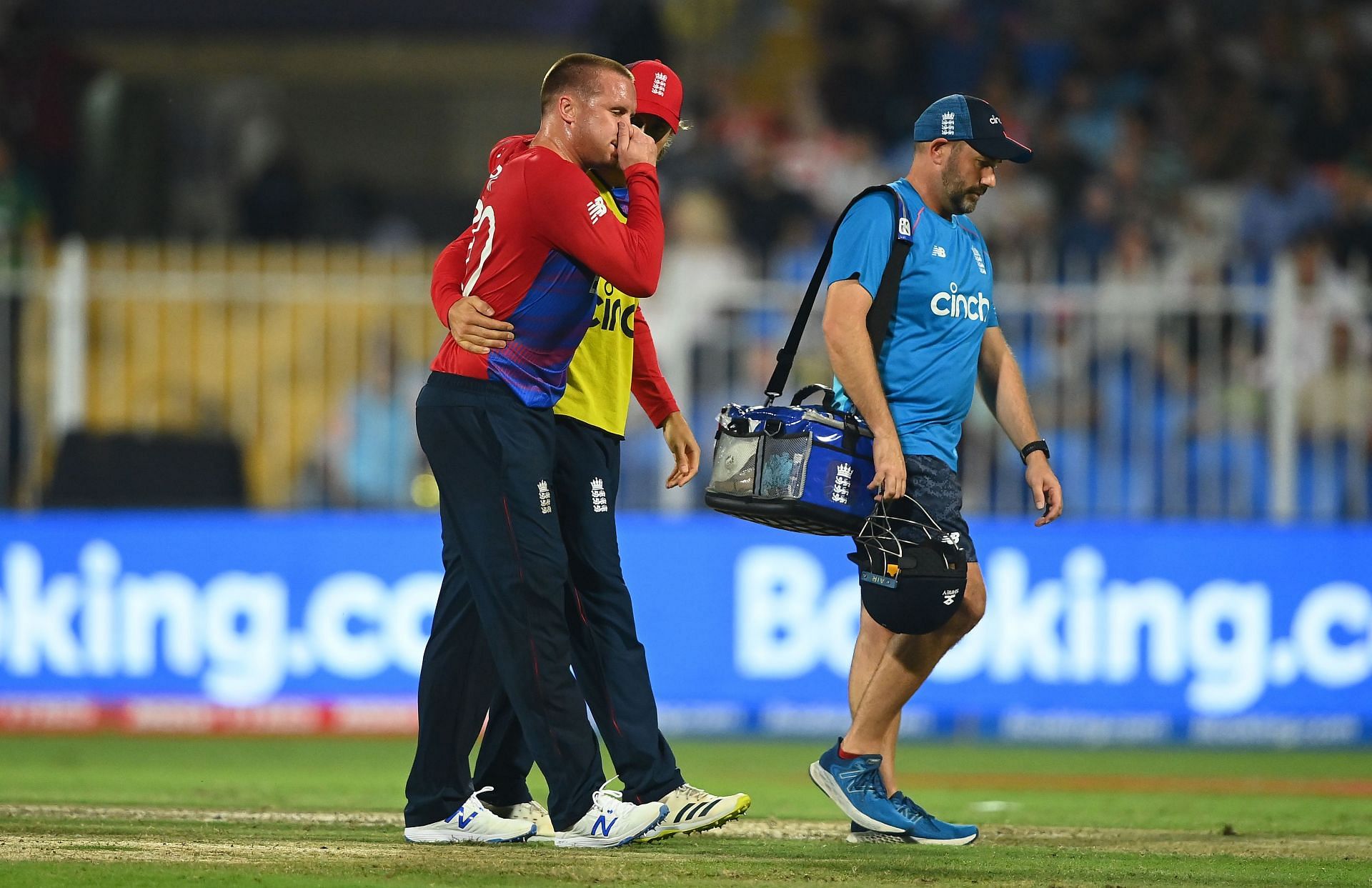 England&#039;s Jason Roy hobbling off after injuring his left calf during their match against South Africa.
