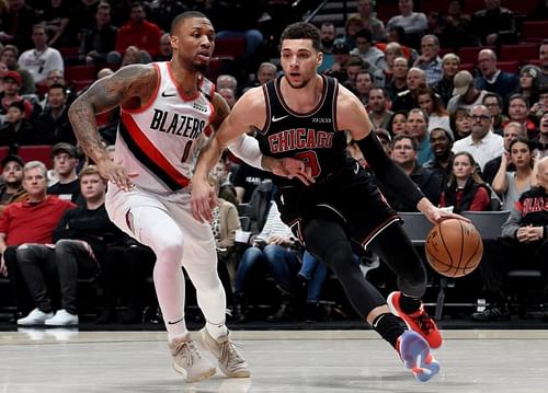 Damian Lillard of the Portland Trail Blazers against Zach LaVine of the Chicago Bulls.