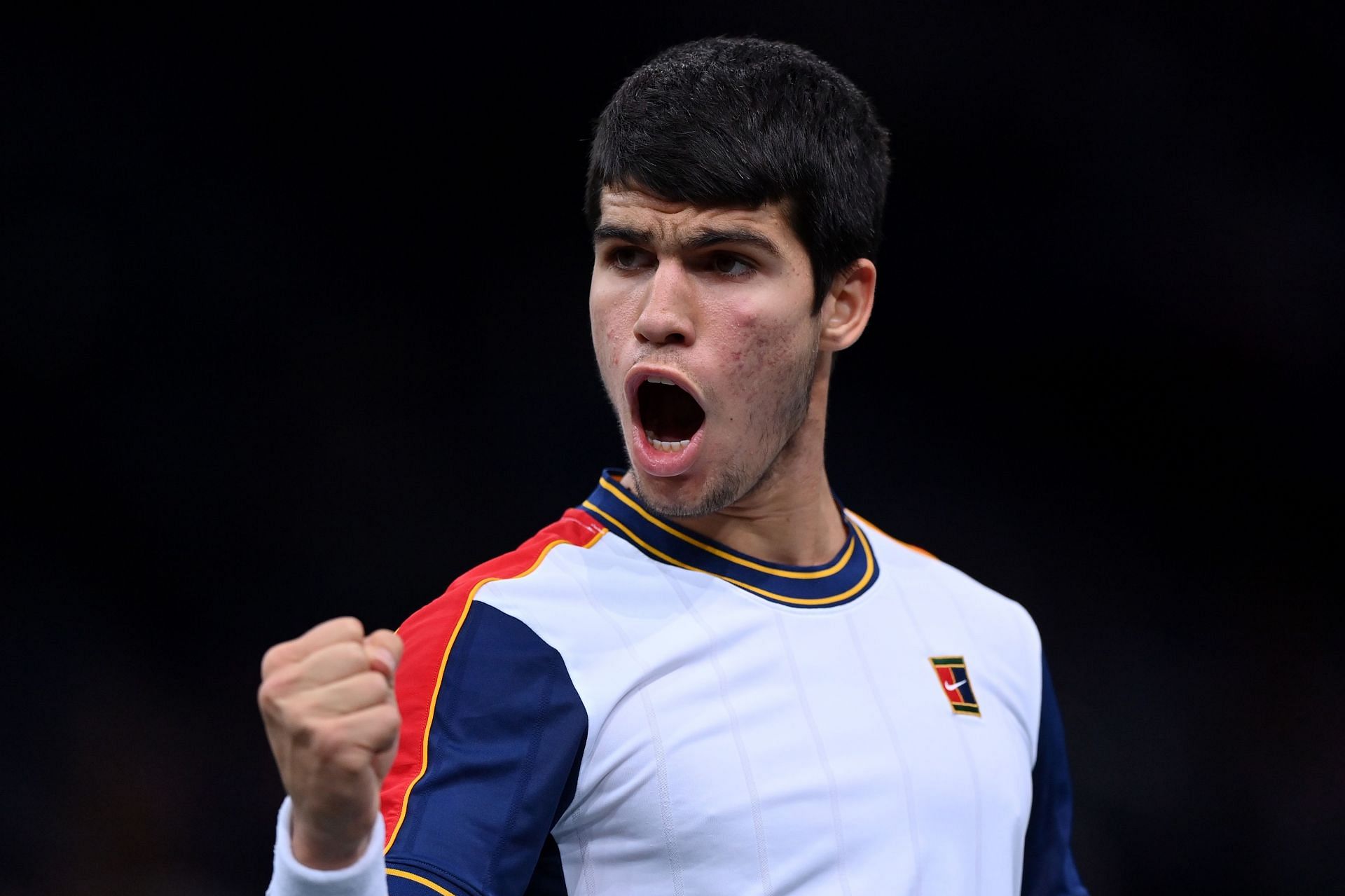 Carlos Alcaraz in action at the Rolex Paris Masters