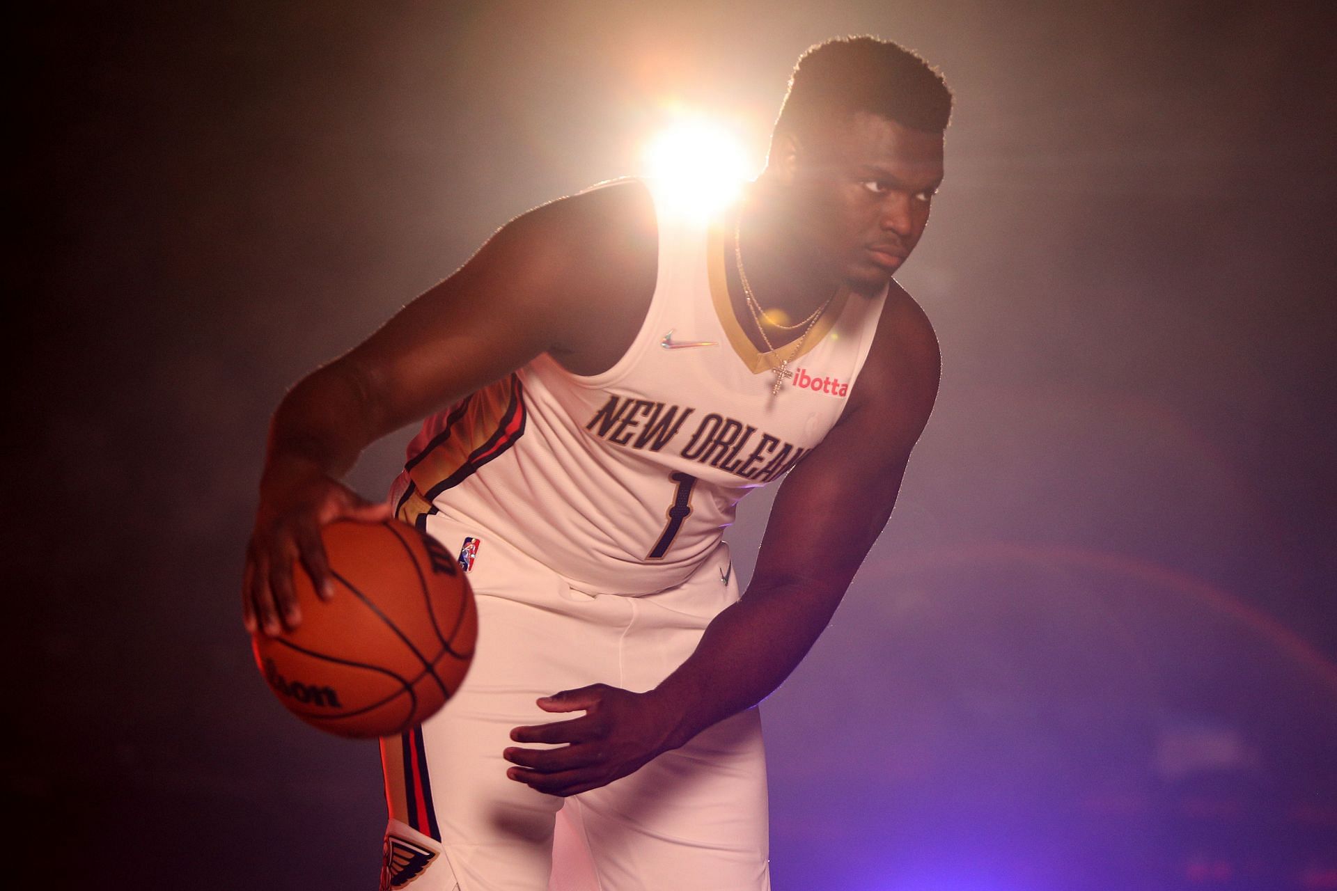 Zion Williamson #1 of the New Orleans Pelicans poses for photos during Media Day at Smoothie King Center on September 27, 2021 in New Orleans, Louisiana.