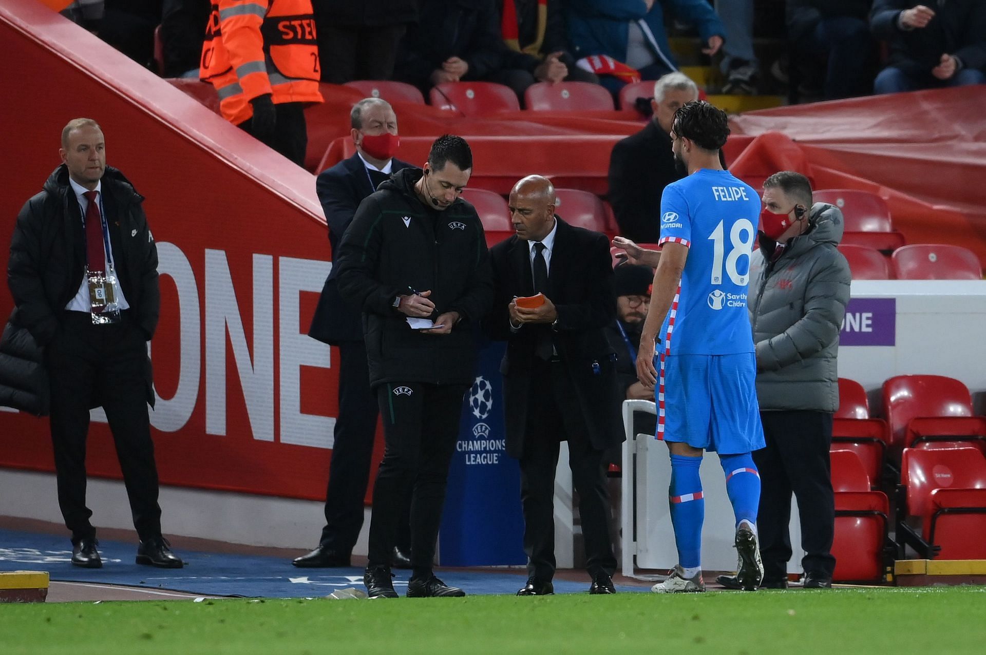 Atletico Madrid&#039;s Felipe was sent off in the first half for an ill-judged challenge on Liverpool&#039;s Sadio Mane
