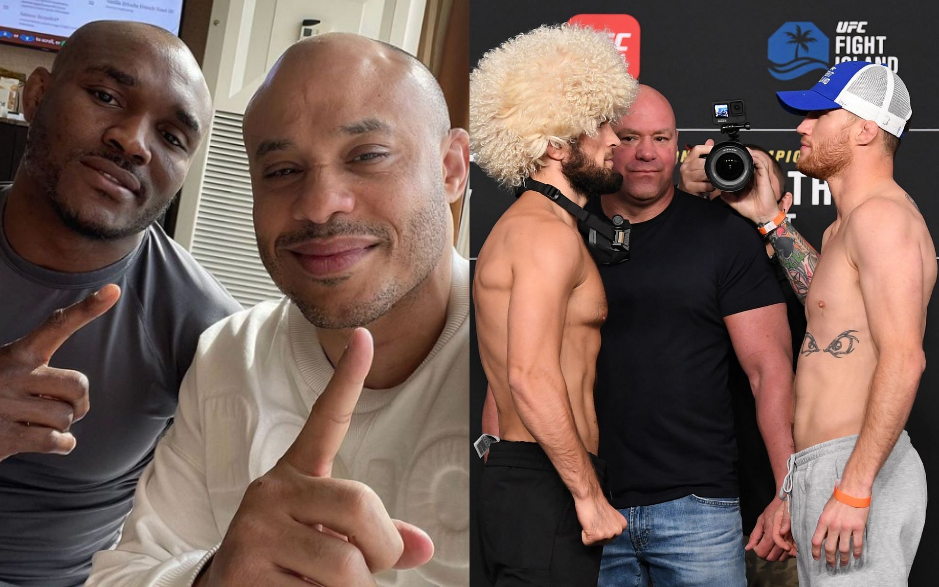 Kamaru Usman with his manager Ali Abdelaziz (left; Image credit: @aliabdelaziz000 on Instagram) and Khabib Nurmagomedov faces off with Justin Gaethje ahead of their UFC 254 fight (right)