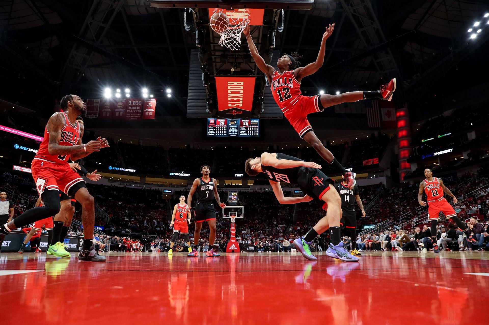 Ayo Dosunmu finishes a dunk at the Chicago Bulls v Houston Rockets game