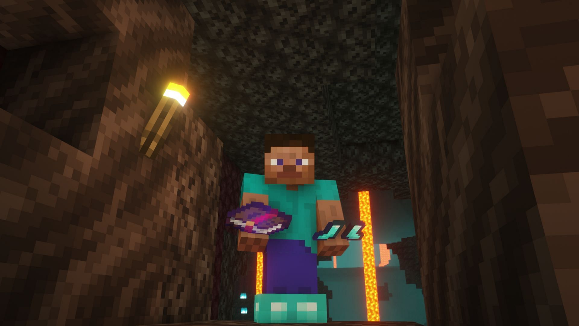 Steve holding an enchanted book and enchanted diamond boots (Image via Minecraft)