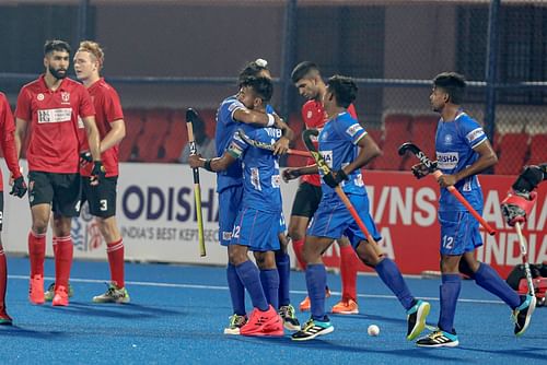 Indian junior hockey team celebrate a goal against Canada. (PC: Hockey India)