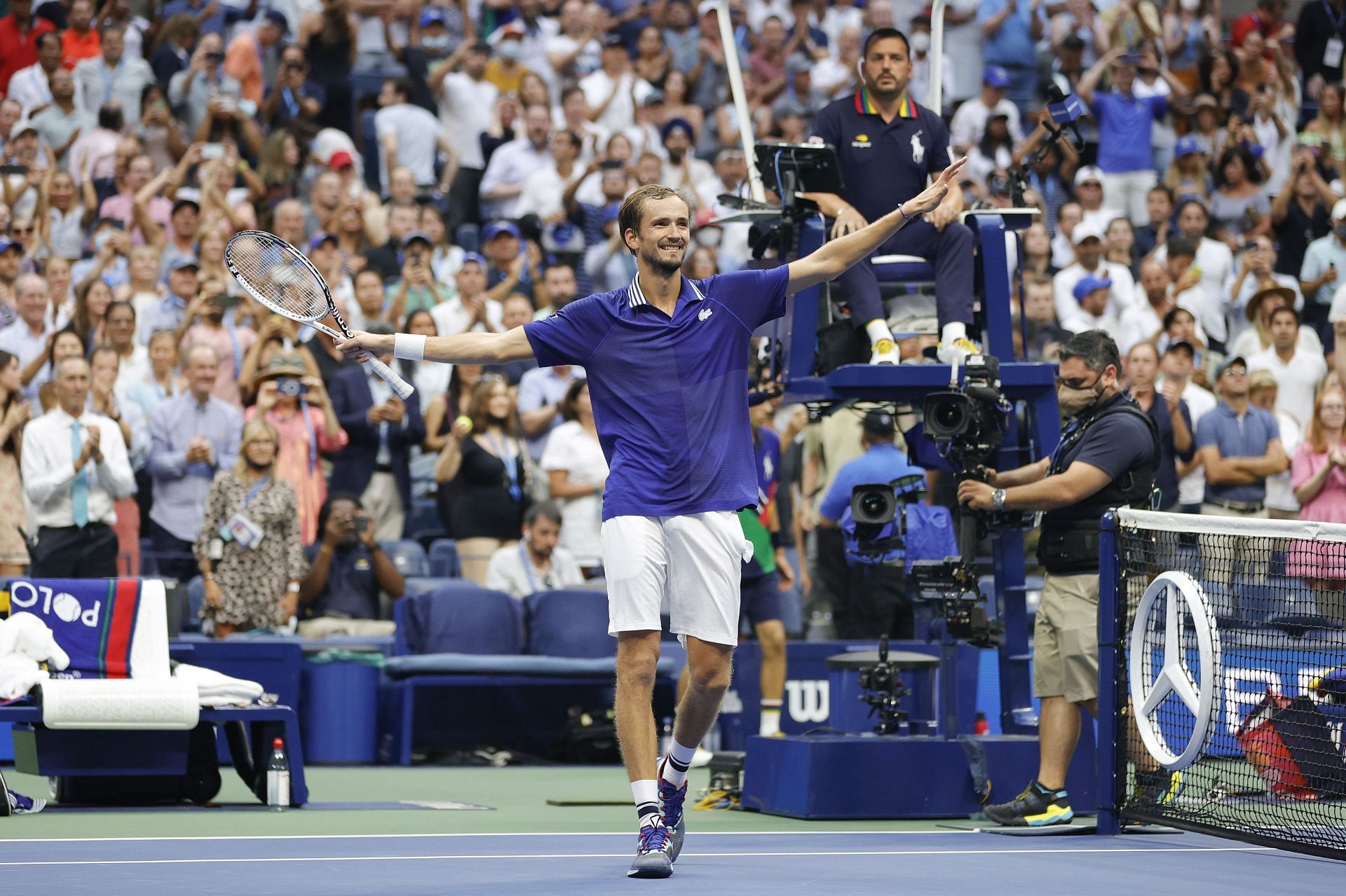 Daniil Medvedev celebrates after beating Novak Djokovic to win the 2021 US Open